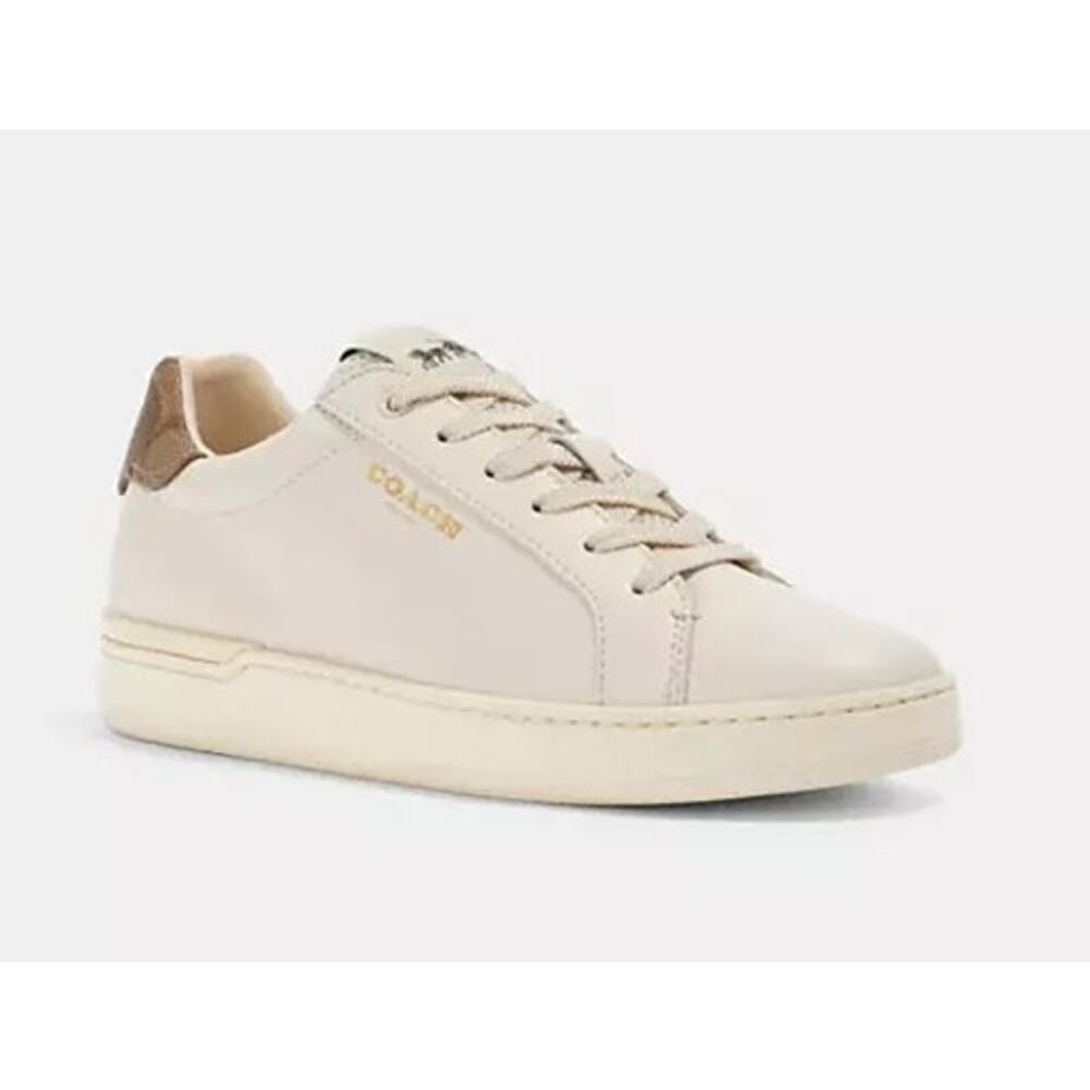 Coach Cream White Leather Low Top Sneakers with Tan Heel - Picture 1 of 8